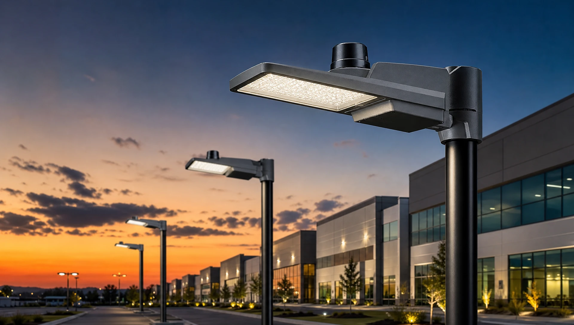 Industrial LED streetlights equipped with photocell dusk-to-dawn sensors operating at twilight in a smart park