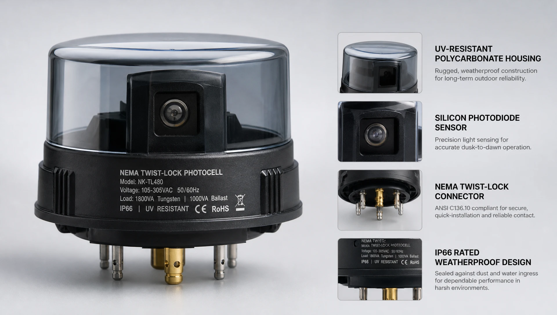 Industrial grade NEMA twist-lock photocell sensor with silicon photodiode and surge protection
