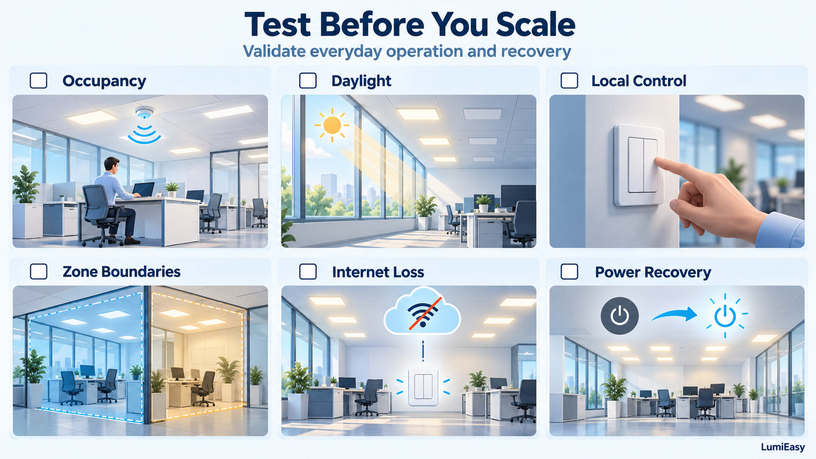 Six lighting control pilot tests covering occupancy, daylight, local control, zone boundaries, internet loss, and power recovery.