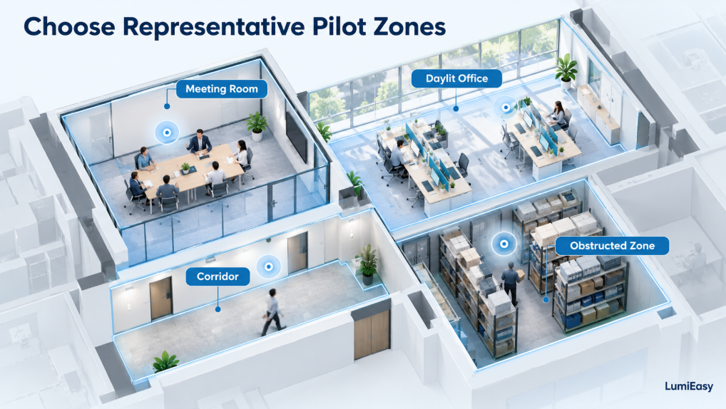 Four representative lighting pilot spaces: a meeting room, daylit office, corridor, and obstructed storage zone.