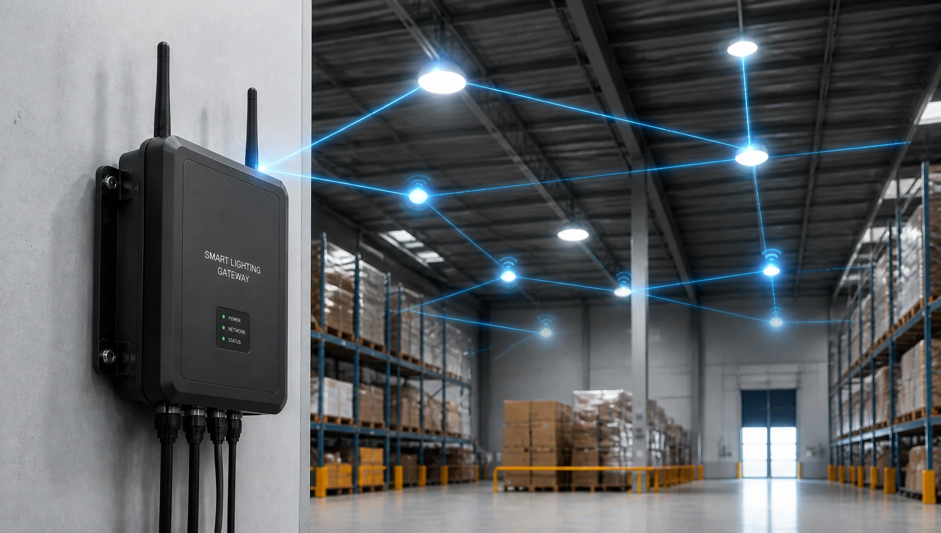 Industrial smart lighting gateway connecting cloud platforms to mesh lighting networks in a modern smart warehouse