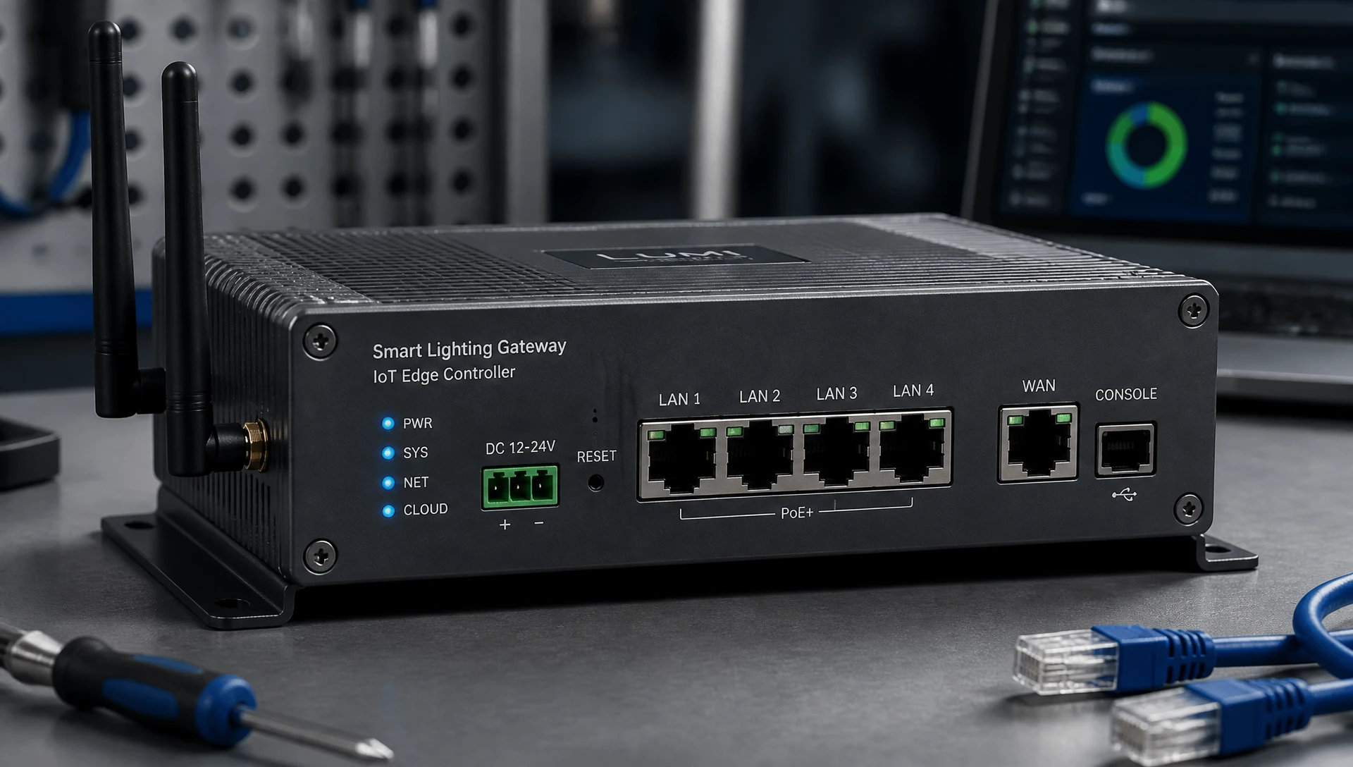 Industrial IoT smart lighting gateway hardware with Ethernet ports and dual antennas during setup