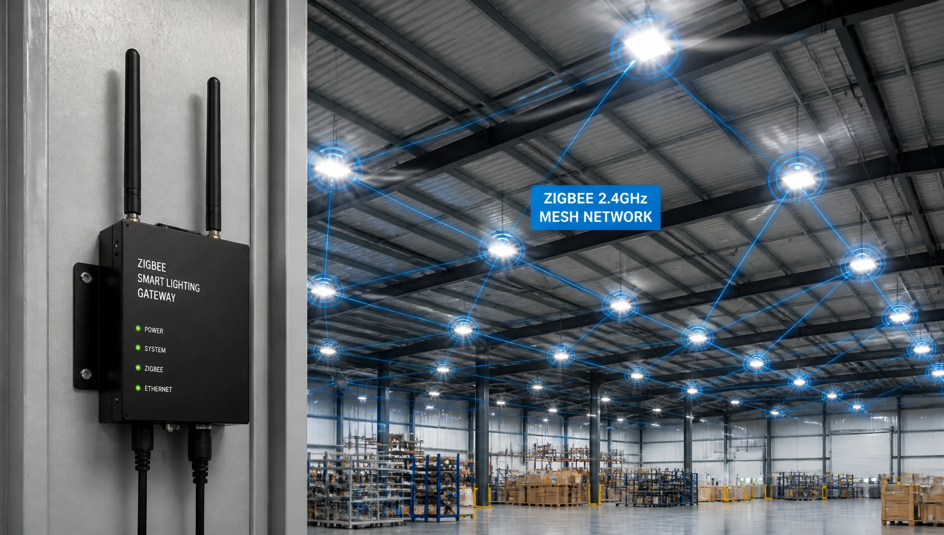 Industrial Zigbee smart lighting gateway managing a commercial LED luminaire mesh network in a modern warehouse