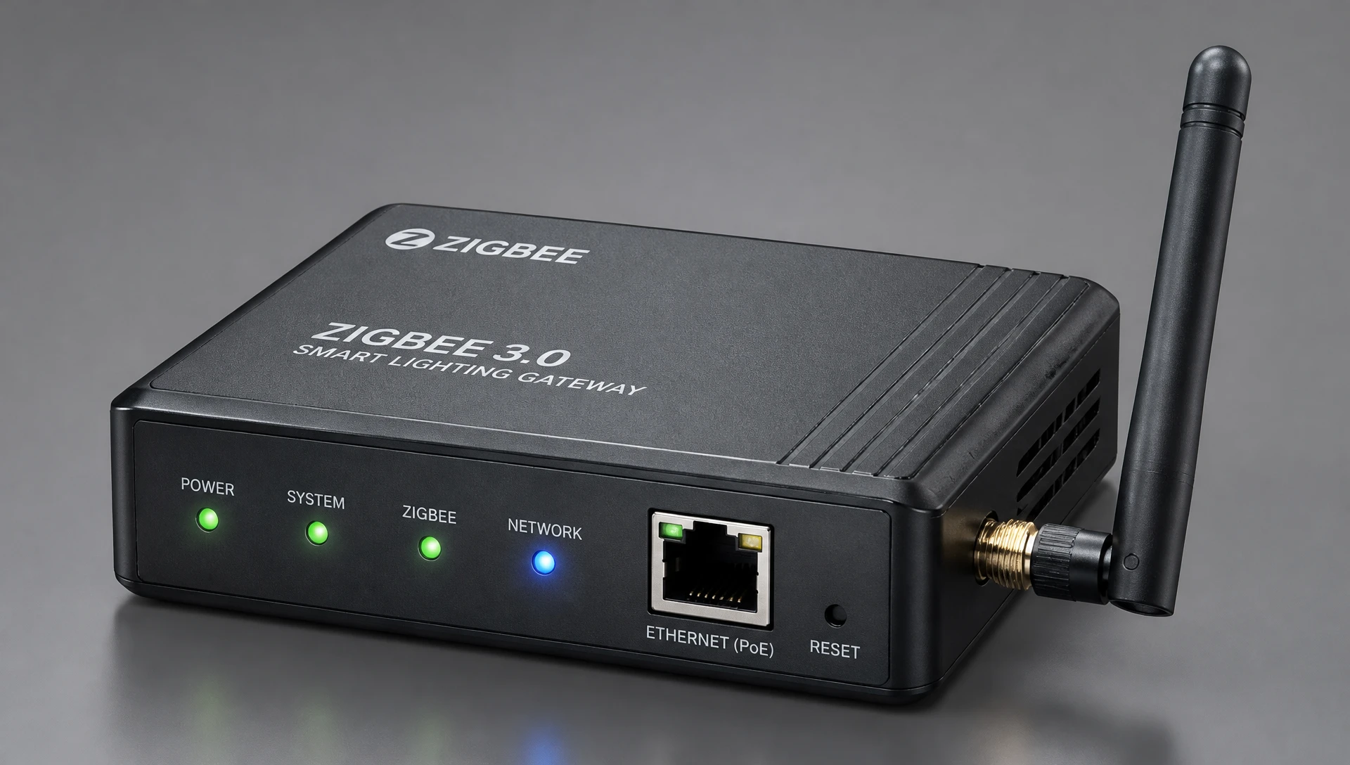 Zigbee 3.0 commercial lighting gateway hardware with high-gain RF antenna and Ethernet PoE port
