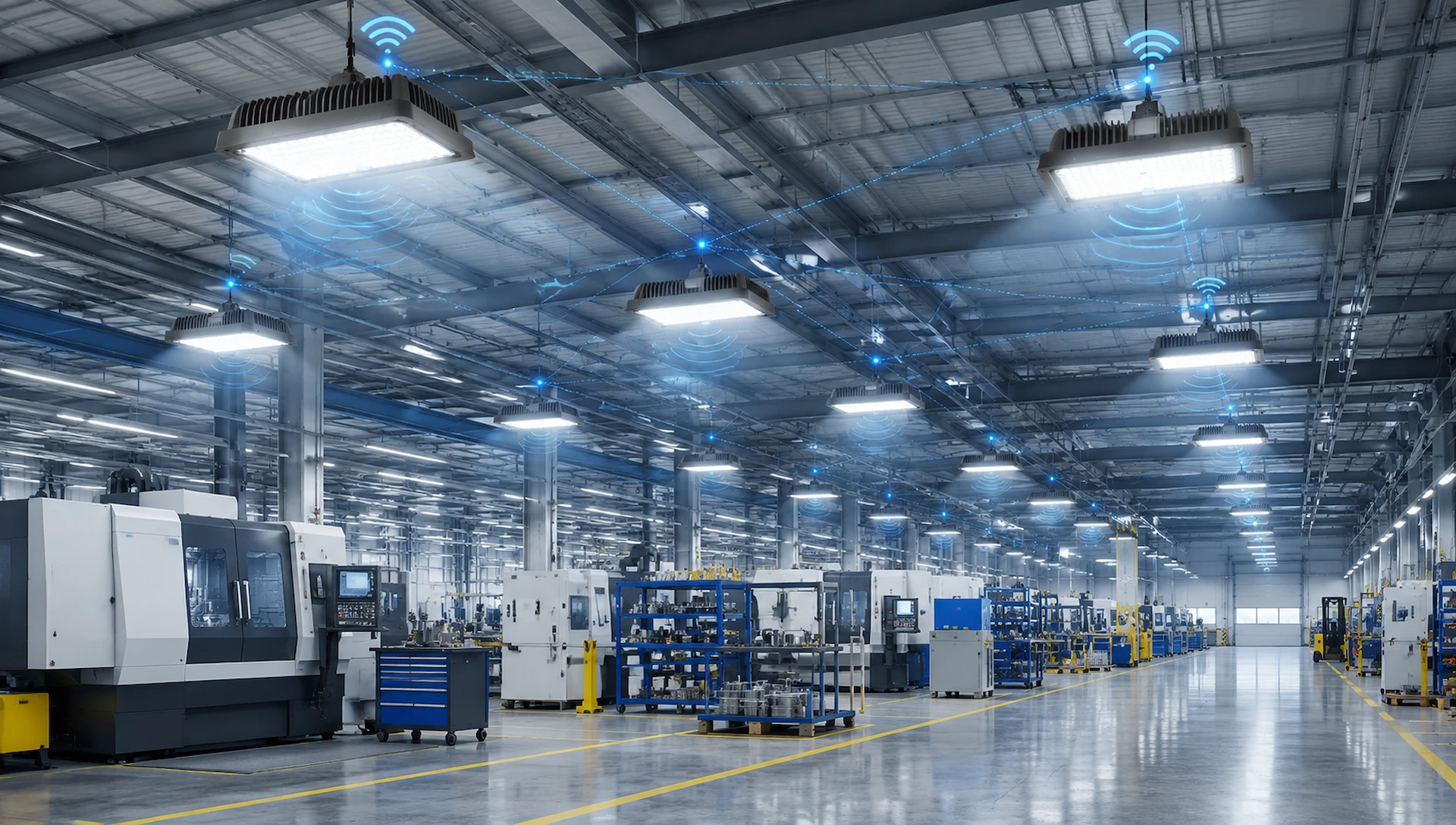 IP65 industrial smart lighting fixtures in a heavy manufacturing factory