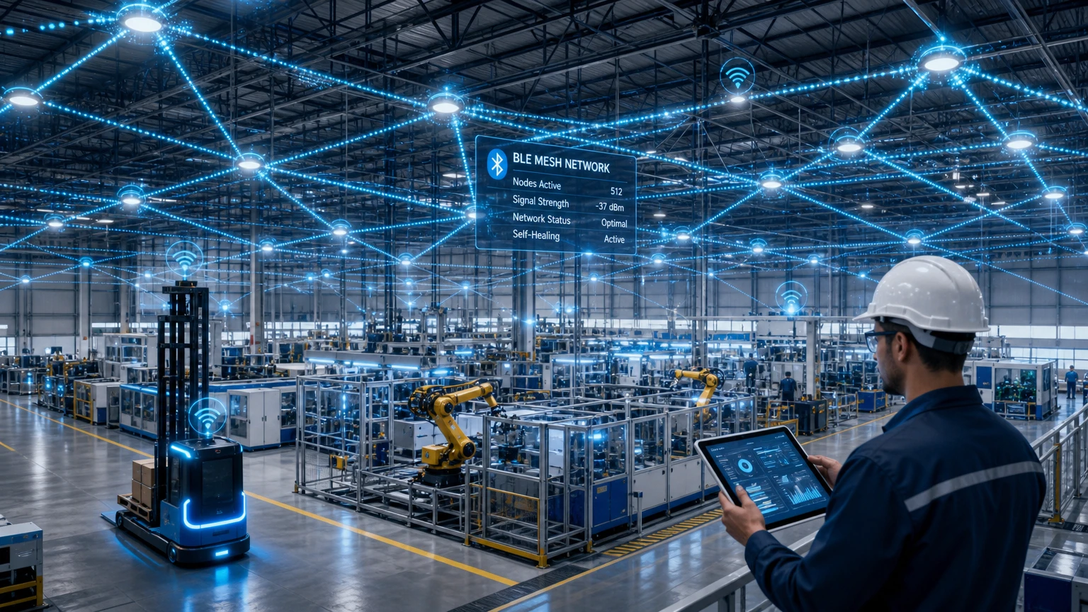 Bluetooth Low Energy mesh network controlling smart lighting and robotics in an automated factory Bluetooth Low Energy mesh network controlling smart lighting and robotics in an automated factory